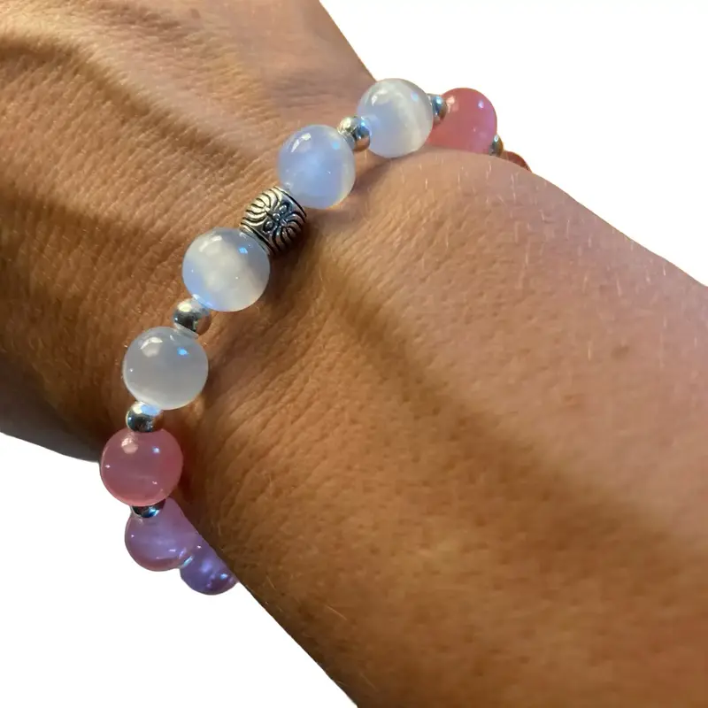 Pretty pink & moon shine light blue selenite crystal bracelet, homemade with love, size to fit all! 0