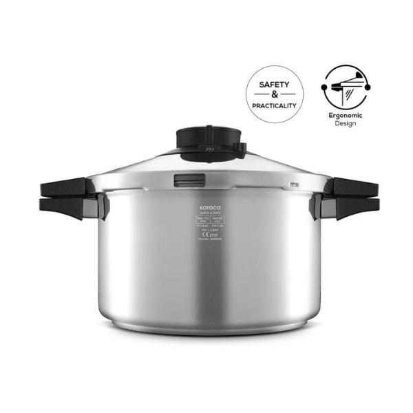 Karaca Quick and Safe Stainless Steel Induction Pressure Cooker Set, 2 Piece, 4L+6L, Black Silver Cookware Lid 4