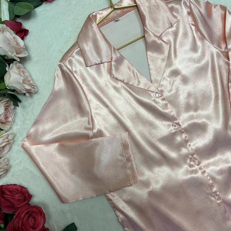 LIVE ONLY LILIOSA Christmas Collection COSY SATIN PINK HEART MONOGRAM LONG SLEEVE PYJAMA SET  Comfortable Soft WINTER Womenswear Loungewear Set Sleepwear Fashion Underwear Fit Pajamas, Homewear Basic Pjs, Festival Winter/Autumn, Christmas, Christmas gift 5