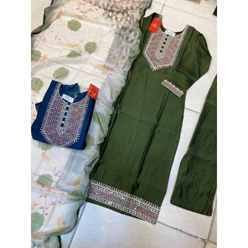 Roman silk 3pcs thread work suit with floral print dupatta|DN034|Casual womenswear 4