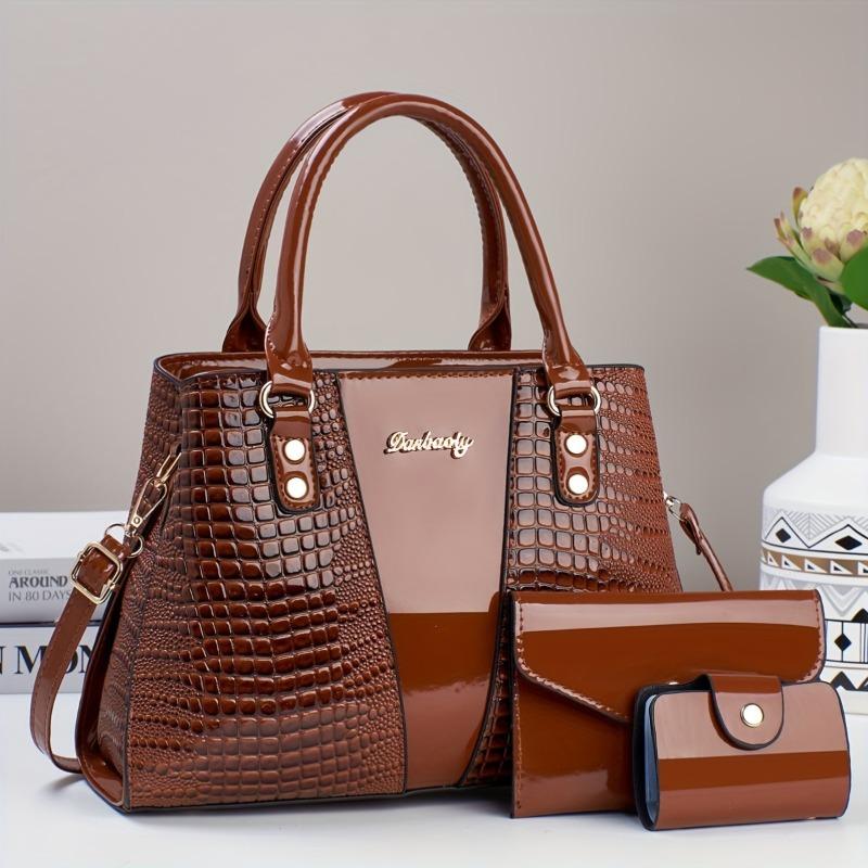 Product Introduction of 3pcs Elegant Faux Leather Satchel with Crocodile Pattern, Sequined, Spacious Multi-Functional Bag, Lightweight Fashion Handbag with Zip Closure and Fixed Shoulder Straps, with Spandex Lining for Women 0