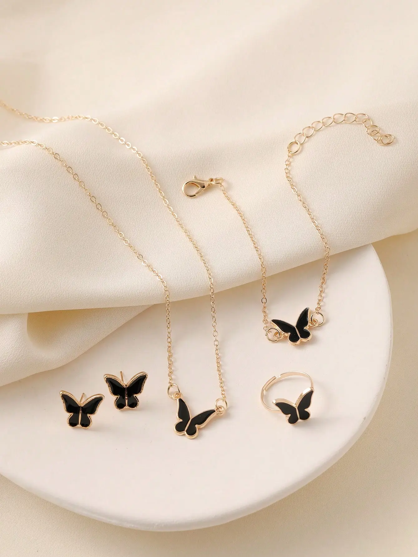 Butterfly Design Jewelry Collection - Necklace, Earrings, Ring Set with Oil Drop Effect