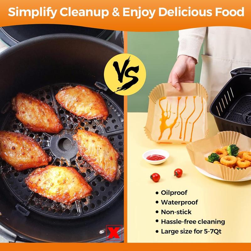 Air Fryer Liners Square 6.3 inch (16 cm) Multipurpose Grease, Water and Oil-Proof Non-Stick Disposable Paper Liners for Air Fryer Microwave Oven Steamer 6