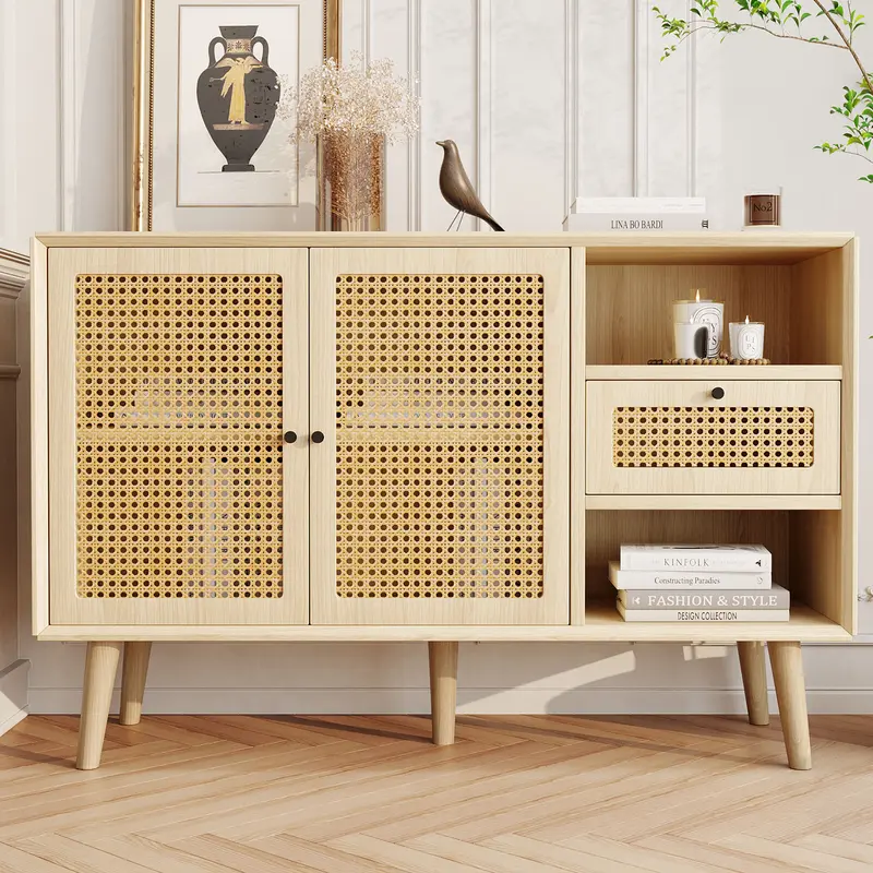 Modern simple sideboard 120*40*80cm, light-colored wooden woven door design, with drawers and unique legs, creating a warm and comfortable home atmosphere 0