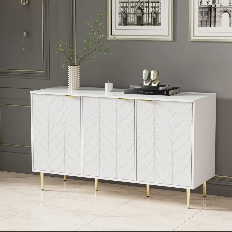 Modern dining room cabinet, gilded legs and handles, chest of drawers, lacquered, rounded corners, suitable for bedroom, living room and bathroom, 2 layers 6 compartments, 127W*45D*75H, white 4