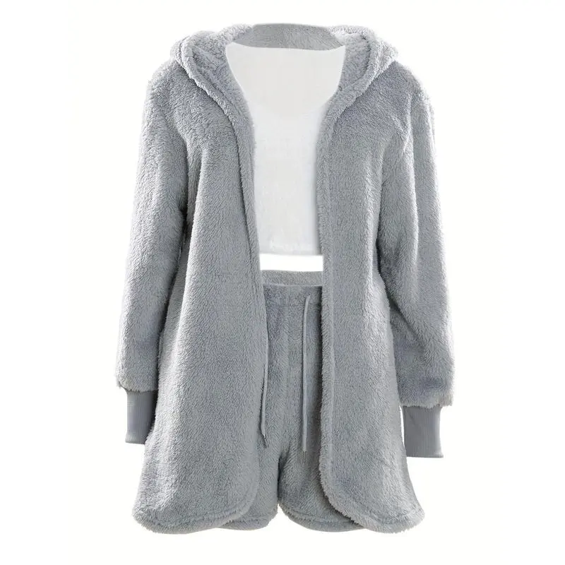 【2025】Warm Fuzzy Pajama Set, Long Sleeve Hooded Robe & Tank Top & Drawstring Shorts, Women's Sleepwear & Loungewear 6