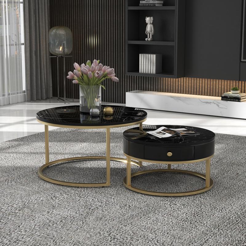 2024 High Quanlity 2-in-1 round MDF coffee table with 1 high-gloss table top and 1 side table with brown tempered glass tabletop, living room coffee table set with 2 drawers, 70*70*45 + 50*50*40 cm Modern Furniture Coffee Table for Living Room 3