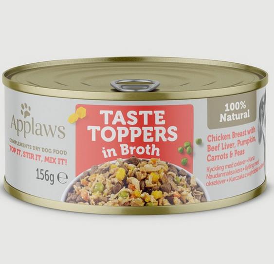 Applaws / Dog Food Toppers / 156g Tins / Chicken Breast / Duck / Beef / Beef Liver / Ham / Salmon / Chicken Breast with Lamb / 4