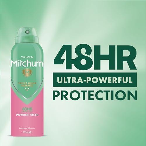 Product Introduction of Mitchum Women Triple Odor Defense 48HR Protection Deodorant Spray & Antiperspirant (200ml), Powder Fresh, Pack of 6 Body Care Comfort Cleanser Cosmetic Scent 10