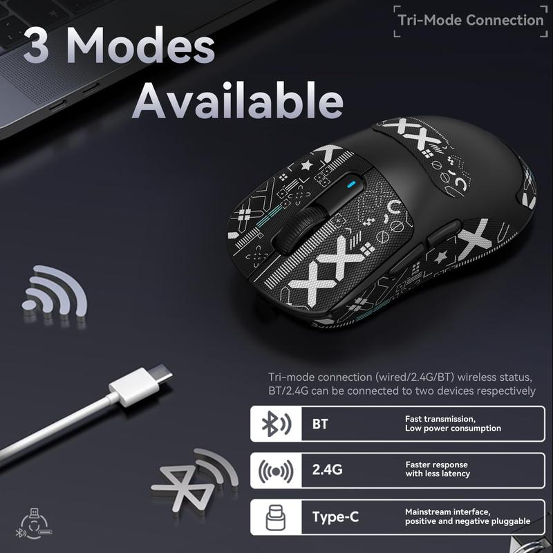 ATTACK SHARK X3 49g SUPERLIGHT Mouse with Tape, PixArt PAW3395 Gaming Sensor, BT/2.4G Wireless/Wired Gaming Mouse, 6 Adjustable DPI 26000, 200 Hrs Battery, Office Mice for Win11/Xbox/PS/Mac 5