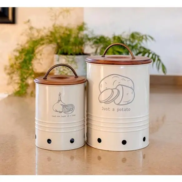 Handcrafted Egg Shell Metal Onion Storage Bin with Wooden Lid