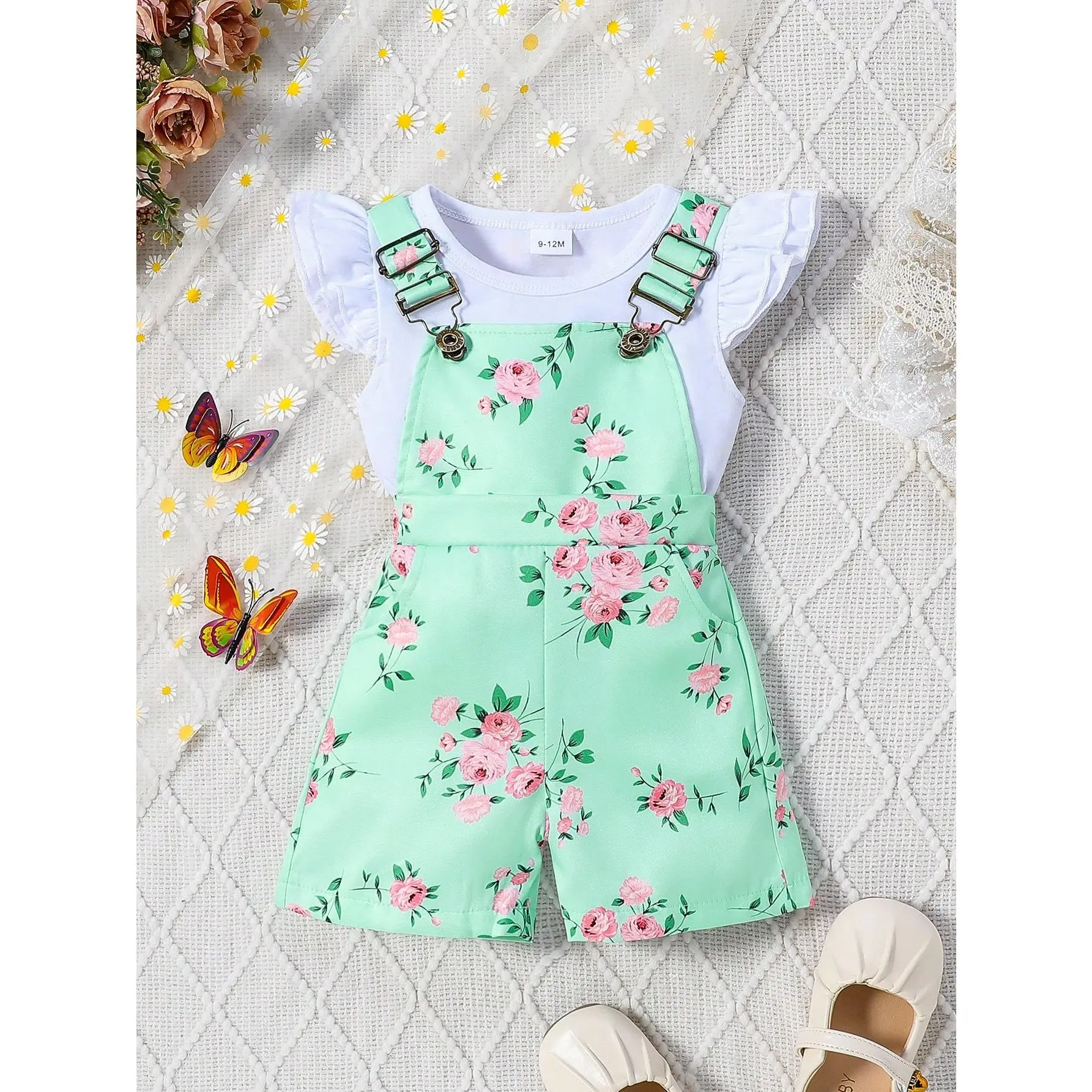 Summer Baby Girls' Solid Color Double Layered Cap Sleeve T-Shirt + Adjustable Straps Jumpsuit Shorts With Flower Print And Two Side Pockets