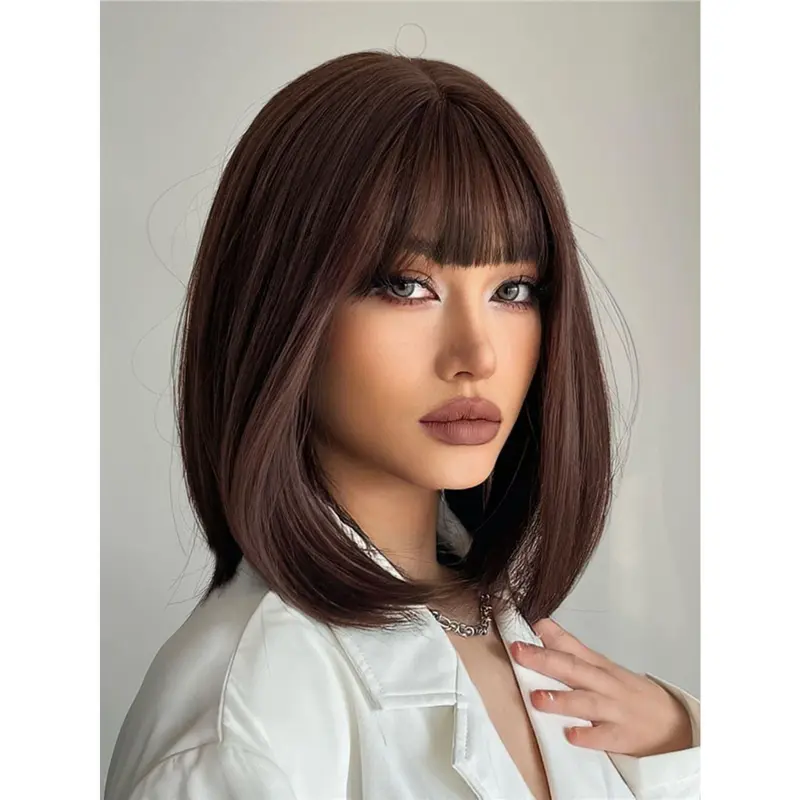 Gorgeous Chocolate Brown Bob Wig With Flattering Bangs Synthetic Fiber Hair Wigs Hair Replacement Wigs For Women Girls Music Festivals,Halloween Christmas Presents 0
