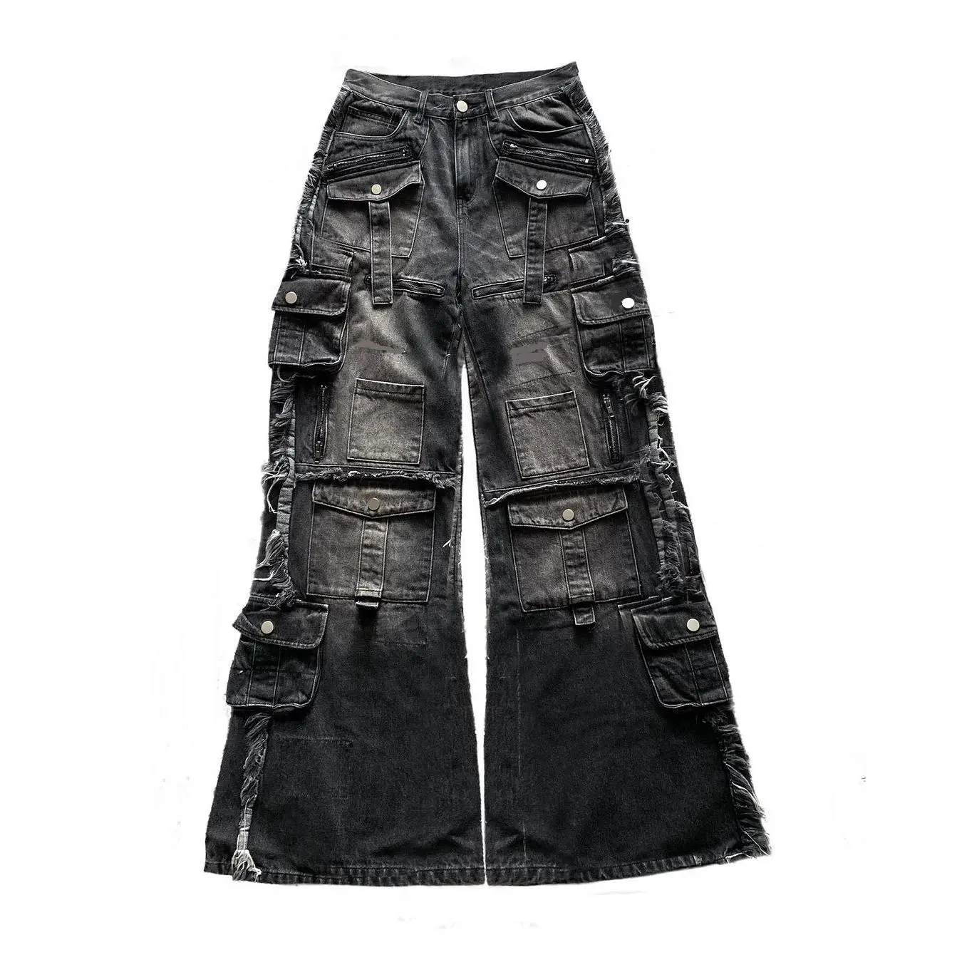 Gothic Harajuku Y2K Multi-Pocket Washed Black Jeans Men Fall Loose Drag Pants Street Hip Hop Rap 90s Spice Girls Wide Leg Pants