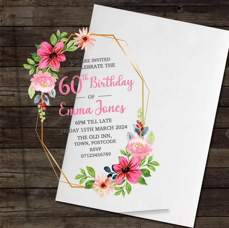 60th Or Any Age Party Pink Floral Frame Acrylic Clear Birthday Party Invitations - Special Invitations, Beskoke Invites, Custom Personalised Acrylic Invitations 5