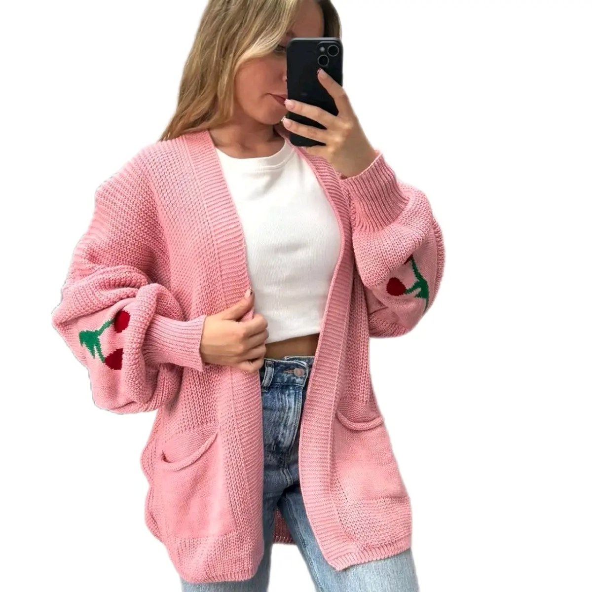 Women's Cherry Print Balloon Sleeve Short Cardigan - Cozy & Stylish - Coats, Womenswear Overall Comfort Knitwear Tops