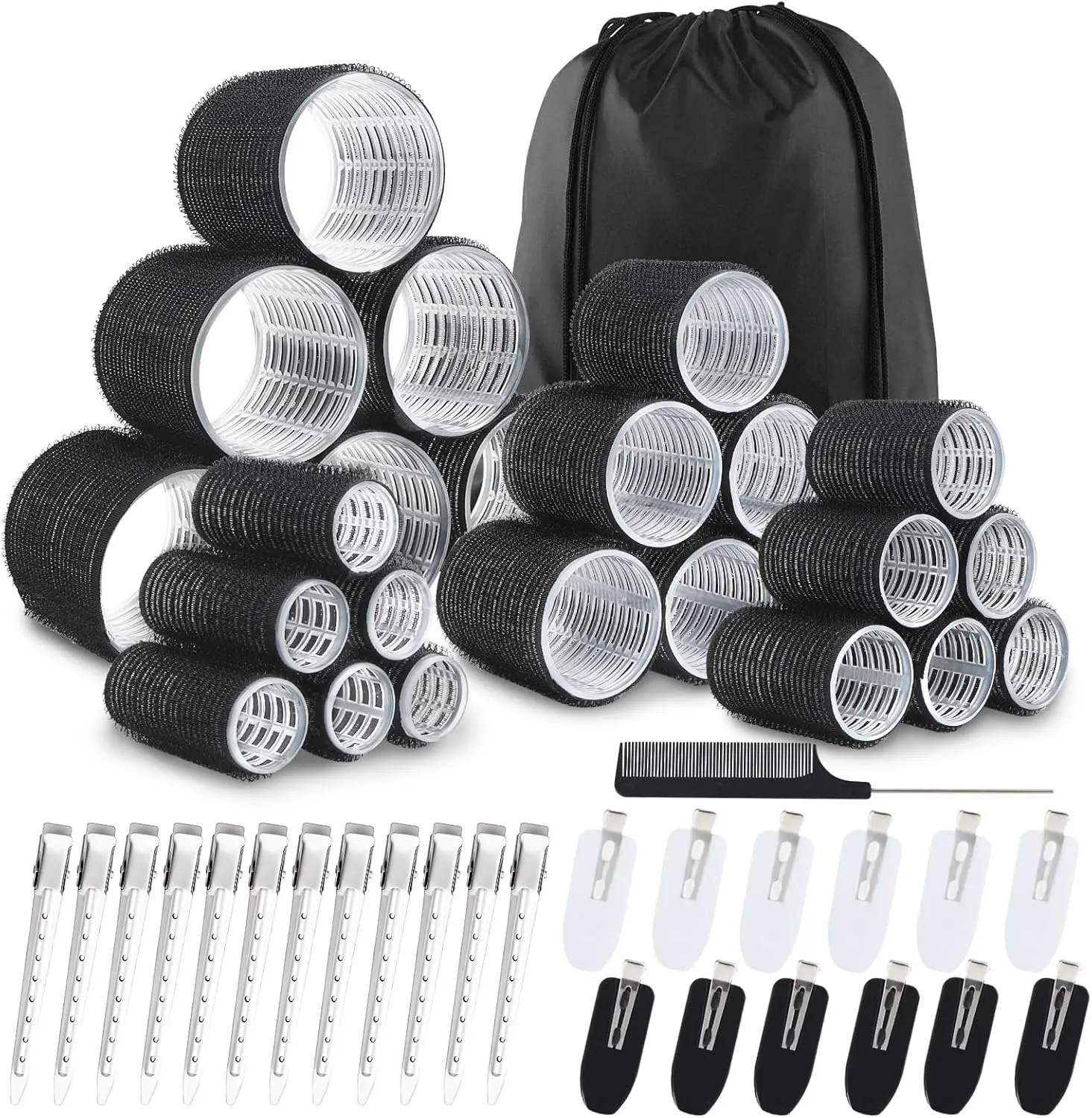 50pcs Hair Rollers with Clips, Jumbo Large Medium Small Velcro Rollers for Hair Volume Big Hair Curlers Rollers for Long Medium Short Hair DIY Hairdressing (Black) Heatless