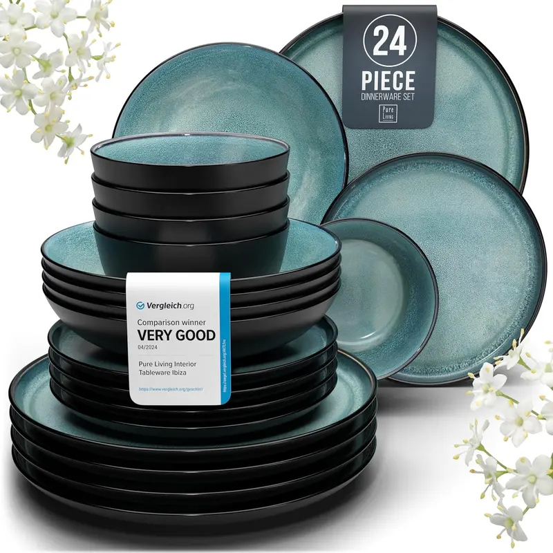24-Piece Mediterranean Stoneware Dinner Set for 6 with Dishwasher & Microwave Safe Plates and Bowls - Dinnerware 0