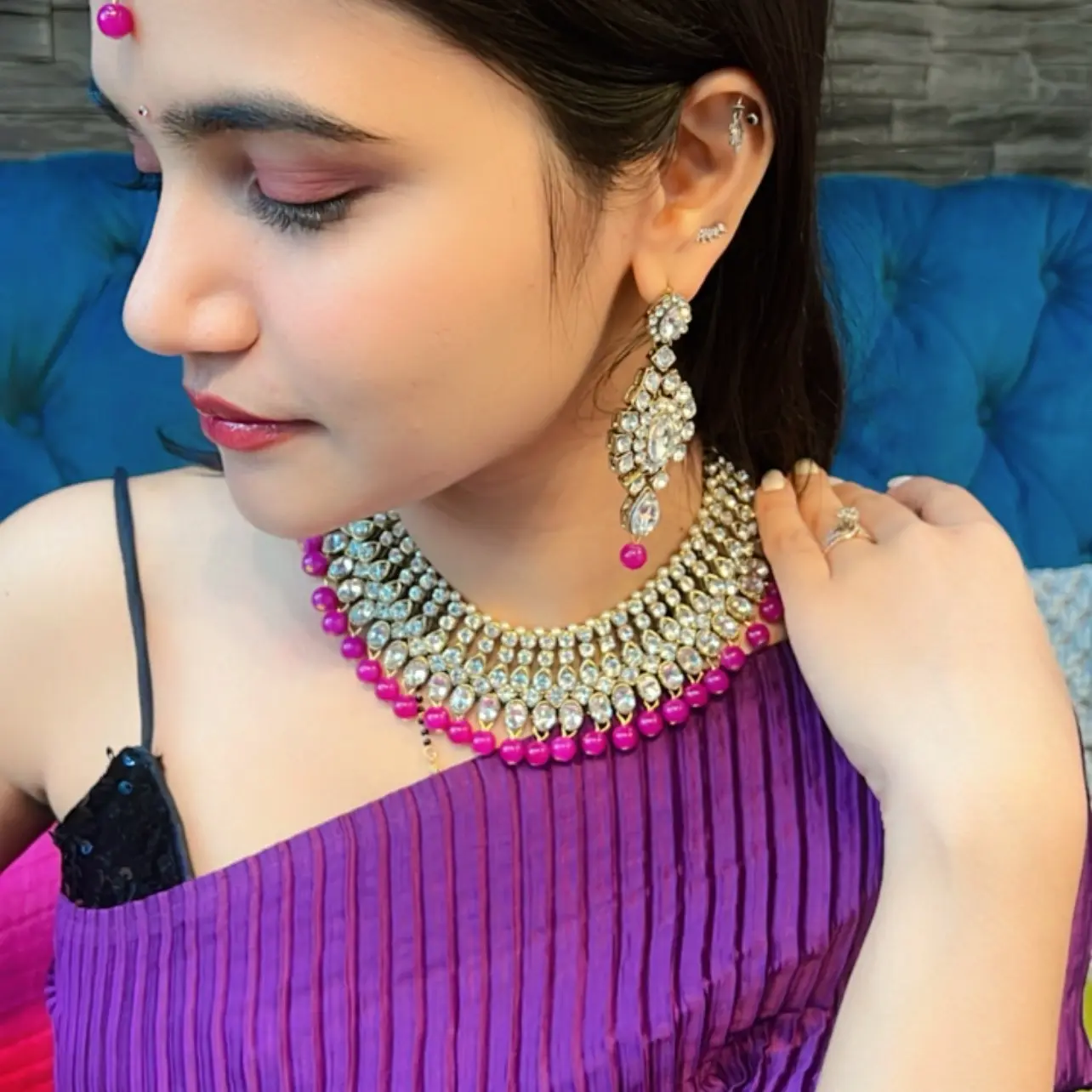 3 pcs Choker Necklace, Earring and Tikka. Purple, gold, red Costume jewellery. Stone and purple stone bollywood necklace set. Gift for her