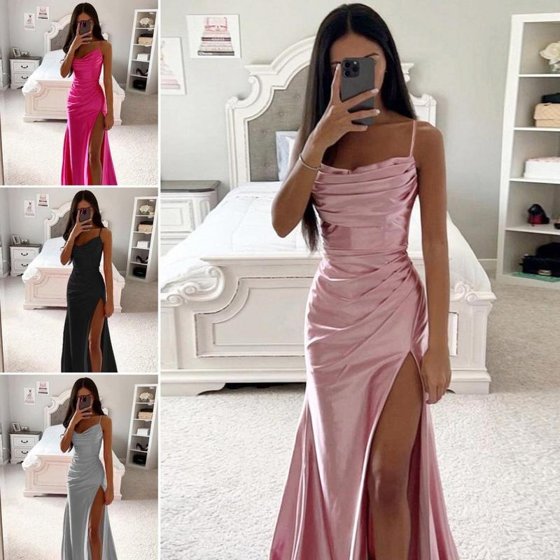 Product Introduction of Summer Women's Sexy Vintage Tulle Long Dress  Spaghetti Strap Satin Pleated Low-cut V Neck High Split dress Party Gown Ball 24
