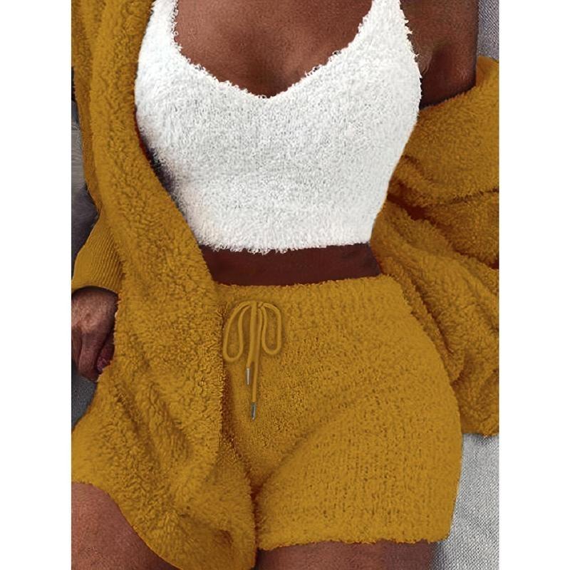 【2025】Warm Fuzzy Pajama Set, Long Sleeve Hooded Robe & Tank Top & Drawstring Shorts, Women's Sleepwear & Loungewear 2