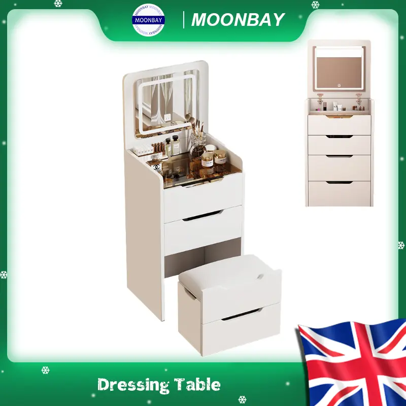 Compact Dressing Table with Flip Top Mirror LED Light & Stool, Small Makeup Vanity with 3 Drawers, Integrity Dressing Table with Storage for Bedroom, Living Room