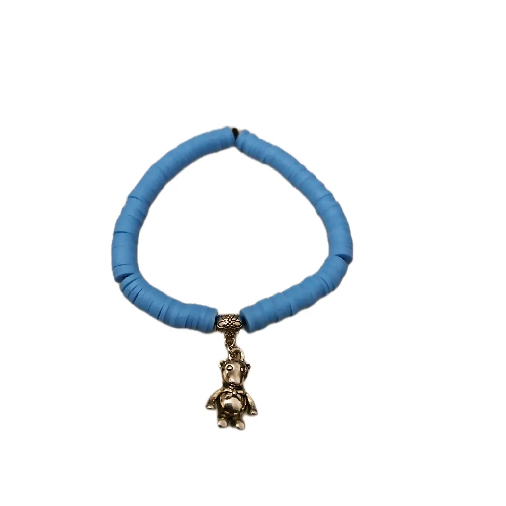 blue clay bead bracelet with teddy bear charm