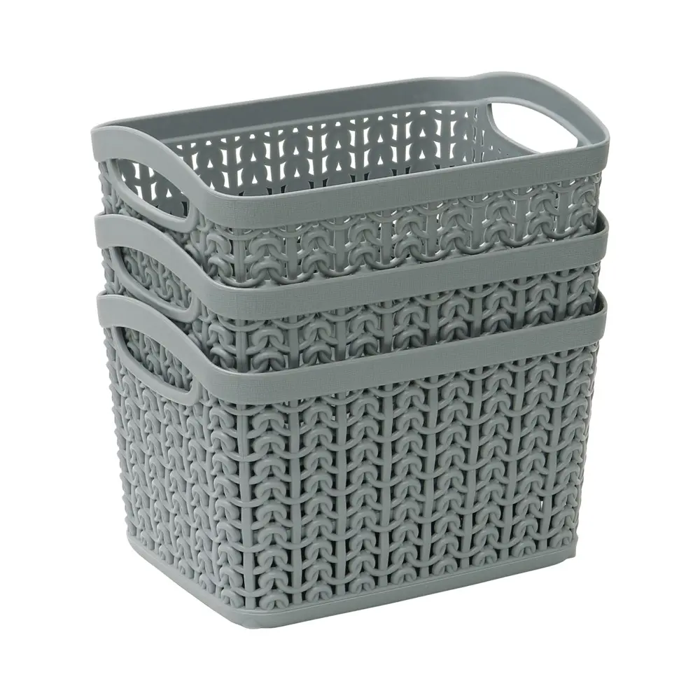 JVL Loop Set of 3 1.5 Litre Rectangular Plastic Storage Baskets, Grey Laundry Organiser