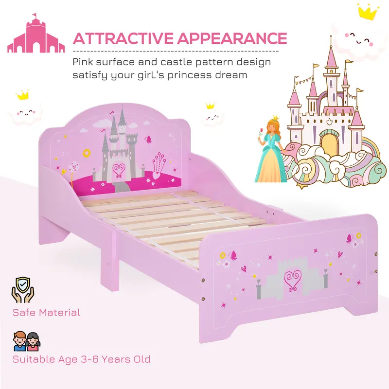Kids Bed Princess Castle Theme w/Side Rails Slats Home Furniture for 3-6 Yrs Pink 143 x 73 x 60 cm 3