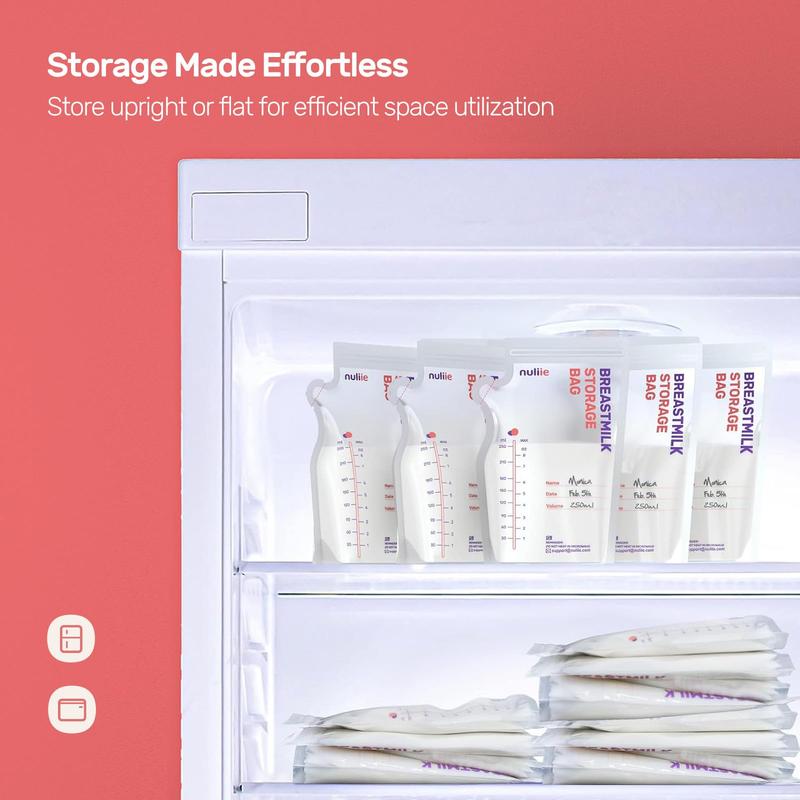 Nuliie 120 Pcs Breast Milk Storage Bags, 250ml BPA Free Milk Storage Bags with Pour Spout for Breastfeeding, SelfStanding or Flat Presterilised Bag, Space Saving for Fridge or Freezer Use 4