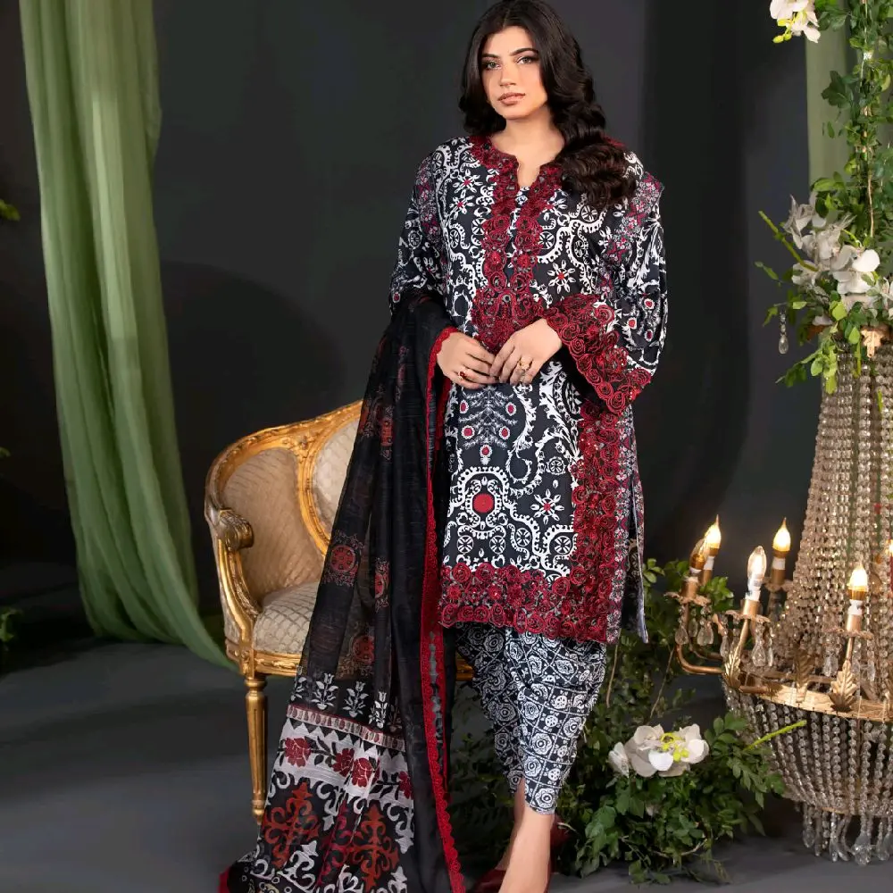Heera's cotton Eid embroidered collection. Ready to wear 3 pieces with tulip trousers. Lace