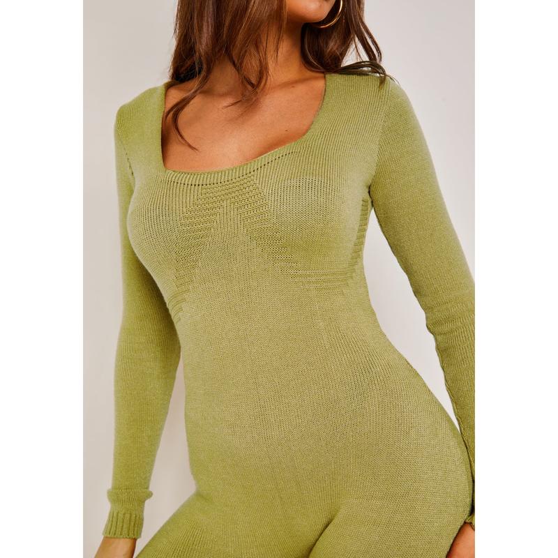 Missy Empire Olive Knitted Long Sleeve Jumpsuit 1