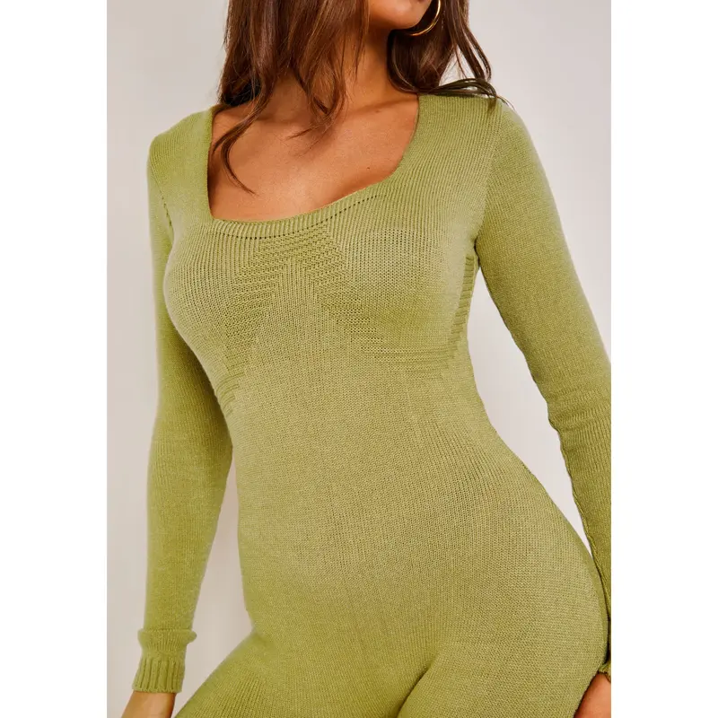 Missy Empire Olive Knitted Long Sleeve Jumpsuit 1