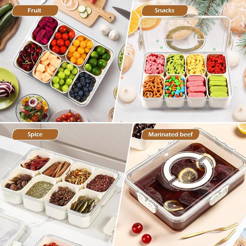 Divided Serving Tray with Lid & Handle, Snack Box Container , Plastic Portable Food Storage Container Snack Platters, 8 Removable Compartment Box for Parties, Reusable Appetizer Clear Organizer for Veggie, Candy, Fruit,Nut Kitchen Utensils Sturdy 9