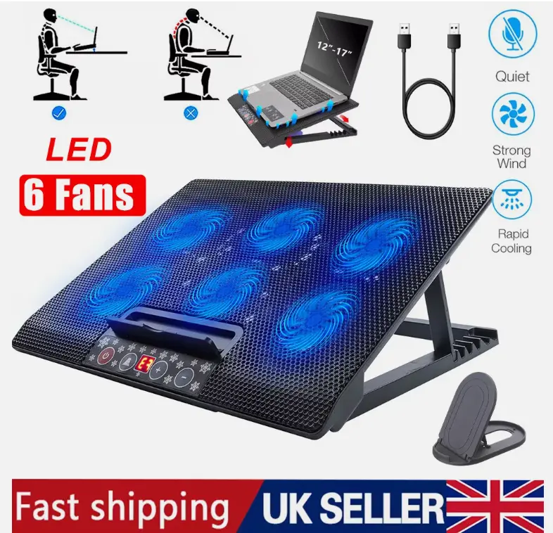 6 Powerful Fans Laptop Cooler Stand Quiet Gaming Cooling Pad Mat Tilt For 12-17"