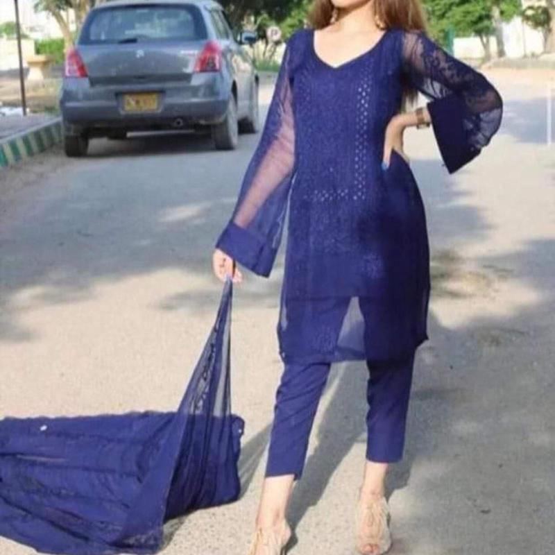 Handmade Chicken kari Chifoon 4PC Women Dress For Muslim Women and Girls ( Sleeves and Daman Design will be as per Black Suit Design) 2