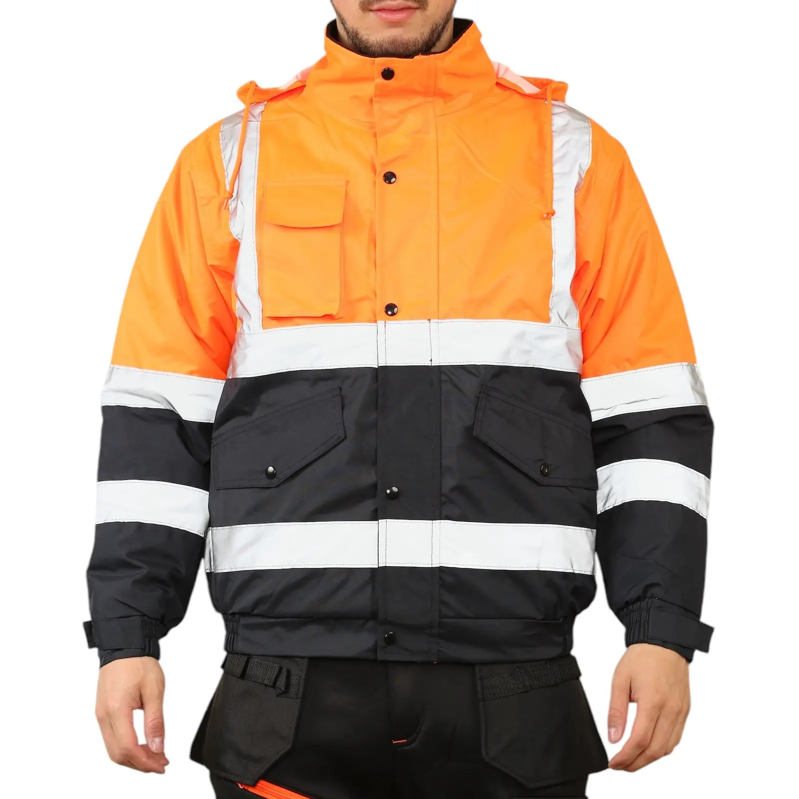 Men's Hi Vis Bomber Jackets Soft Warm Cosy Waterproof Hi Viz Work Safety Security Bomber Jackets Long Sleeve Hoodie Coats