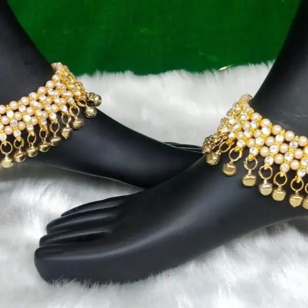Pair of Antique Gold Kundan Indian Asian Payals Anklets with Bells Bridal Wedding