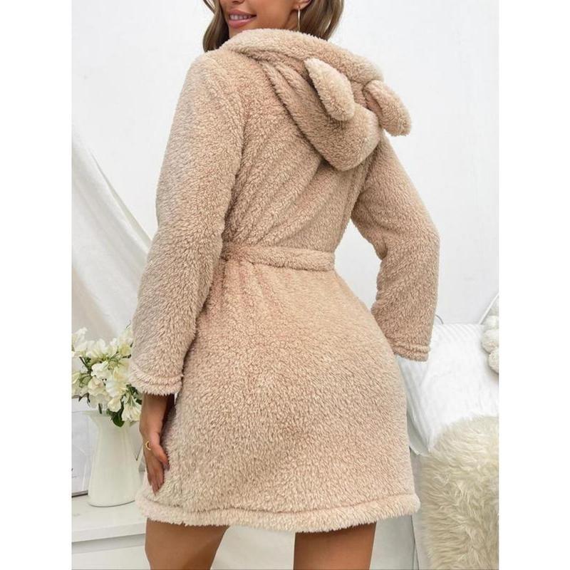 Women's Plain Pocket Hooded Robe, Casual Belted Long Sleeve Flannel Bathrobe For Home Spa, Women' Clothing For Fall Winter, Cold Weather Gear 1