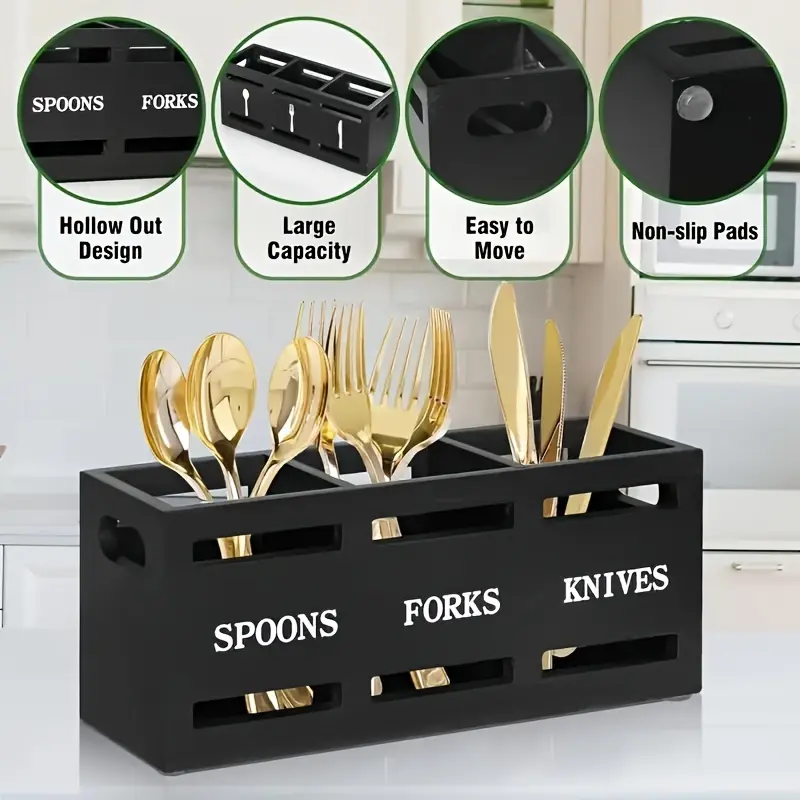 Rustic Wooden Kitchen Utensil Holder with Sturdy Iron Handle - 3-Compartment Organizer for Spoons, Forks, Knives - Perfect for Home & Restaurant Storage Kitchen Knives Knife Classic Black 4