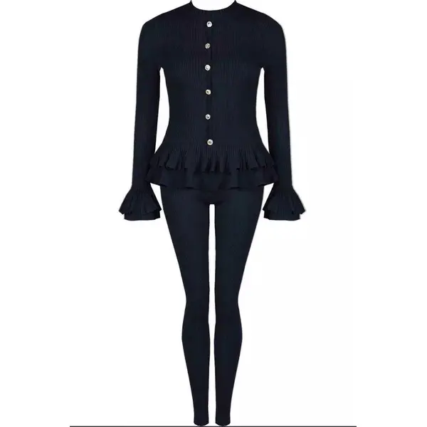 TJ Fashion Ladies Gold Button Ribbed Loungeset Women's Fine Ribbed Frill Peplum Tracksuit Set Long Sleeve Womenswear Lady Comfort Overalls Casual Elegant Fitted Basic Fabric Chic Matching Leggings Comfortable Loungewear Clothing Essential Medium Polyester