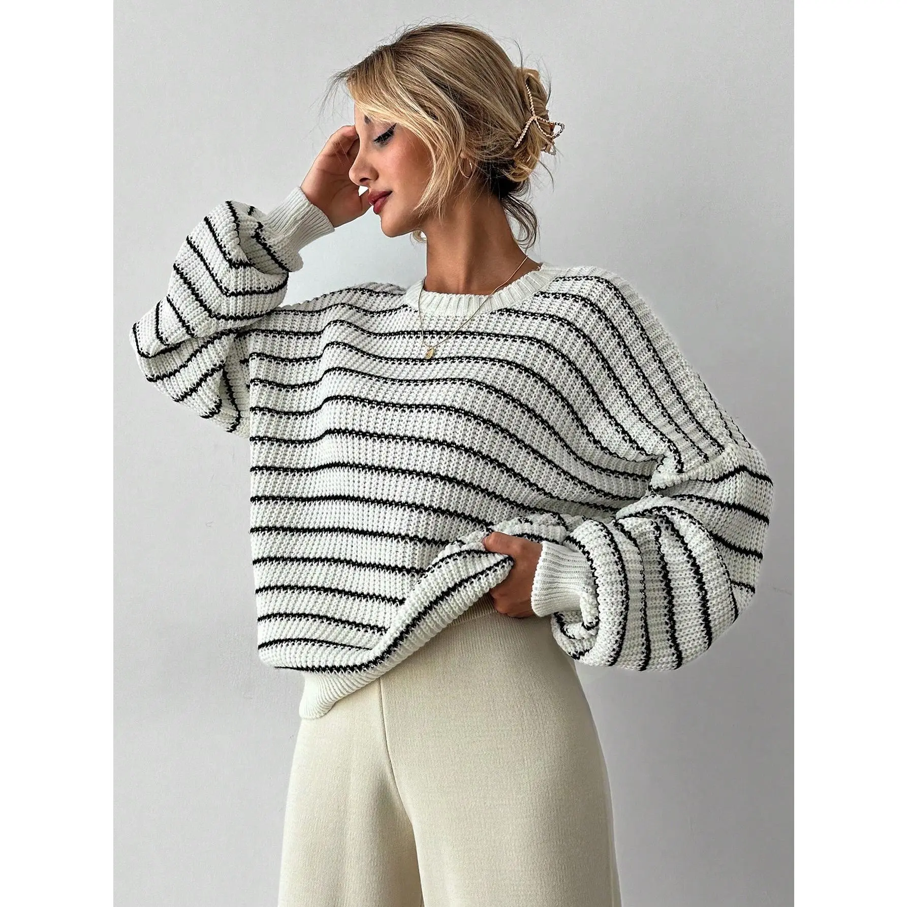 ​ Women's TopsStriped Pattern Drop Shoulder Sweater[S12] sweaters  women  outfit vintage  clothes hm clothing crochet  cardigan hollow kint  wear  summer  tops aurchella  crewneck  neck chunky lettuce tiktok  shop  jumpers oversized  knit burgandy  brand