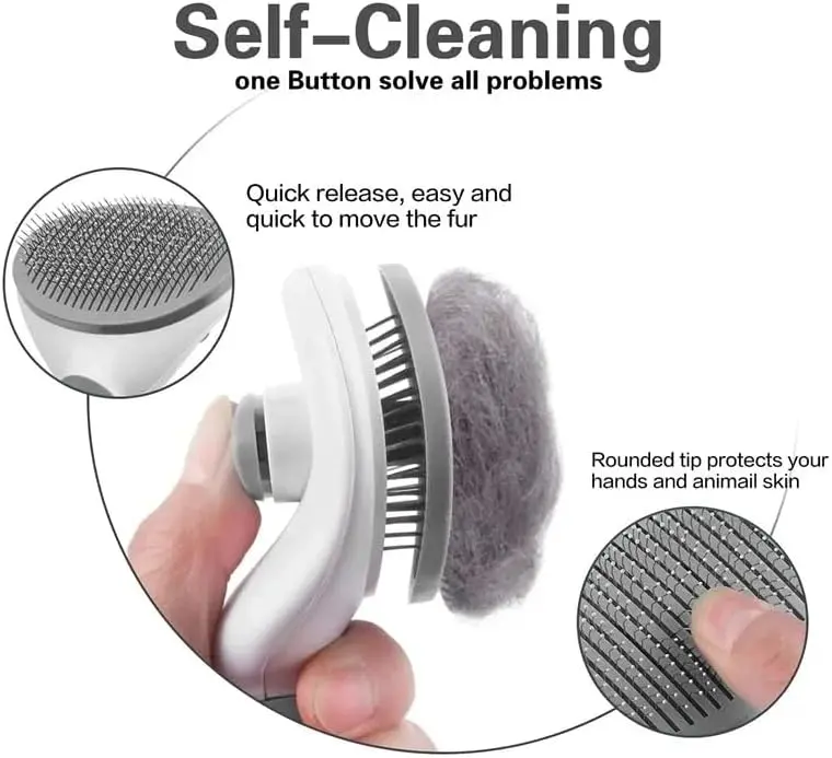 Pet Brush For Grooming - Dog Cat Self Cleaning Slicker Brushes with Smooth handle - Cleaning Button Pet Grooming Tool for Dogs Cats hair Shedding Tools Massage Brush - GREY 7