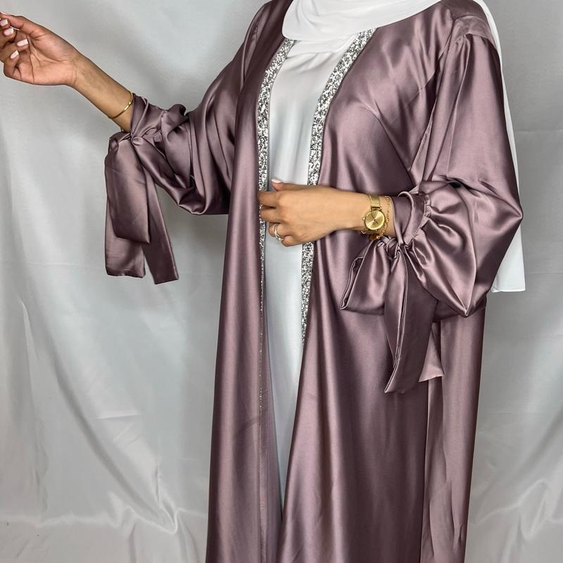 Layan Satin 3 Pcs Abaya Set- Women's Satin Tie Sleeve Abaya With Hijab, 3 Pcs Abaya Set, Abaya for Women, Muslim Clothes, Modest Outfits 7