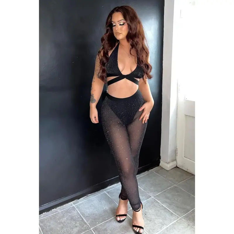 Black Halter Neck Glitter Crop Top & Leggings Set - Skye 6
