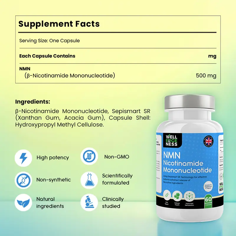 60 x 500mg Pure NMN Capsules | 2 Months Supply with Delayed Release Technology Capsules | NAD+ Precursor - Longevity & DNA Repair Edible NMN Supplement Fitness Healthcare by WELLEDGENESS Multivitamin Wellness Viral Supplements 6