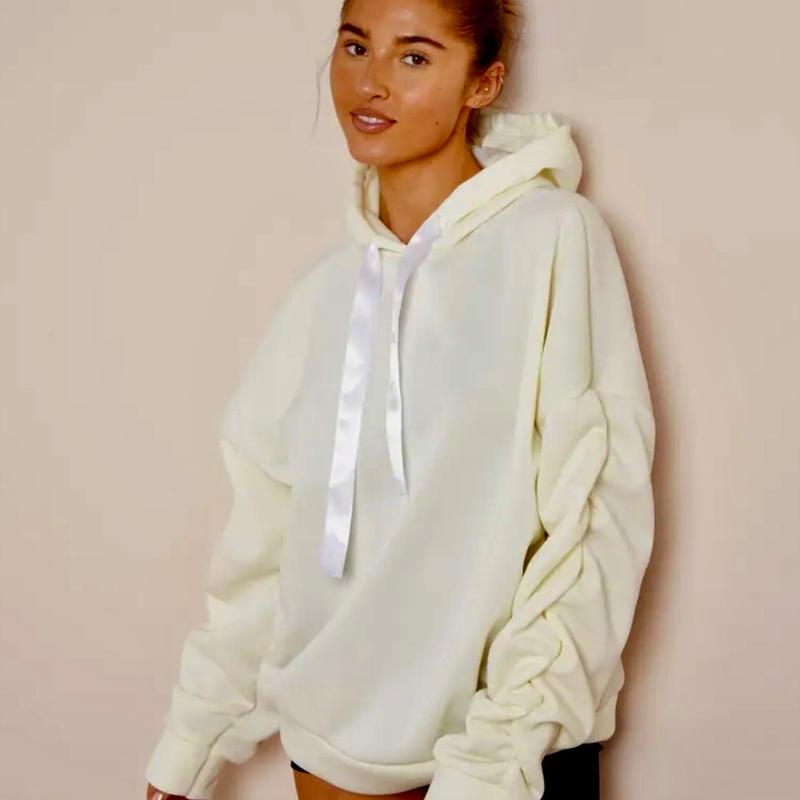 Ruched Arm Ribbon String Hoodie, Oversized Baggy Comfortable Womenswear 1