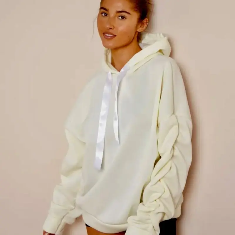 Ruched Arm Ribbon String Hoodie, Oversized Baggy Comfortable Womenswear 1