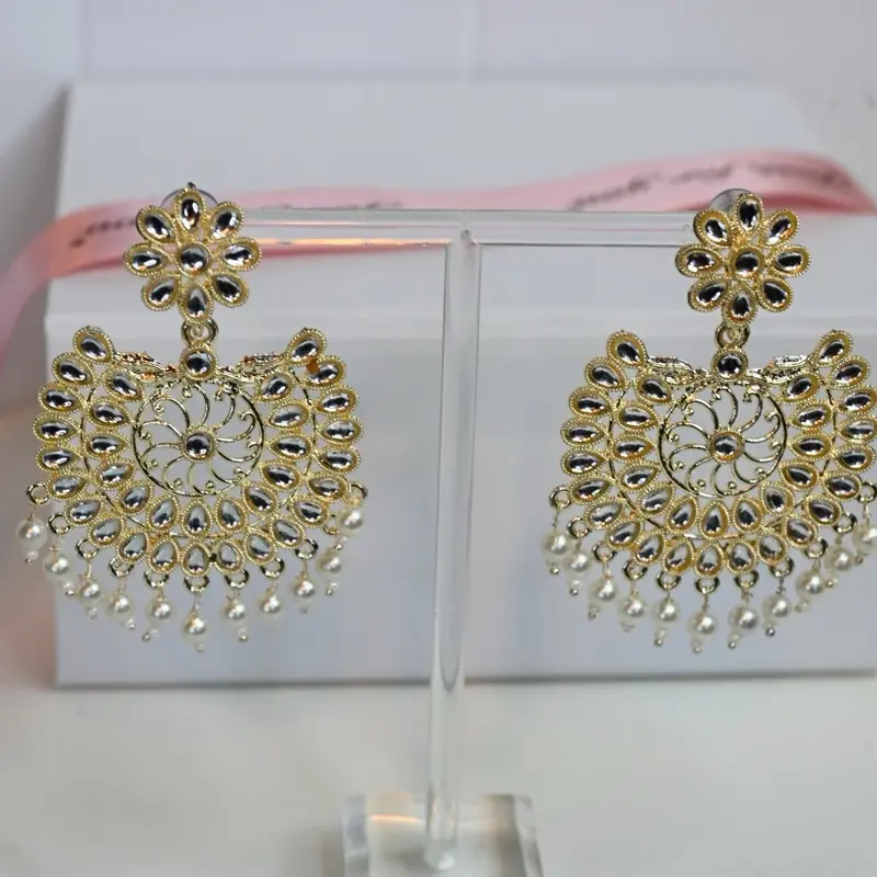 White Indian Earrings with Gold Kundan Pearl Chaandbali and Jhumka Design 4
