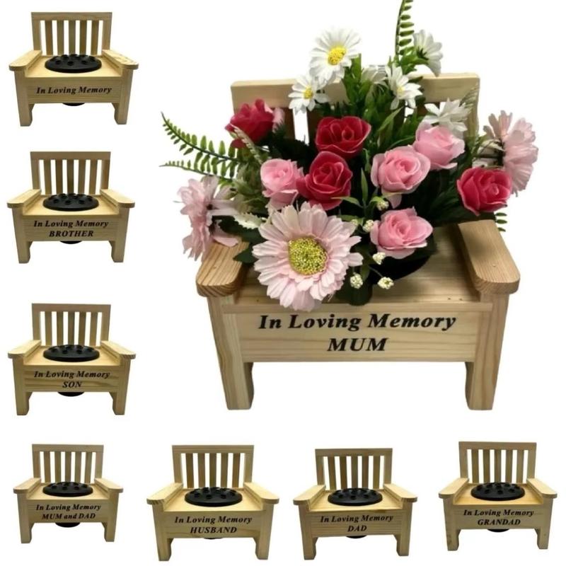 Wooden Bench With Black Grave Insert Flower  Holder Pot Memorial Vase Tribute Ornament decor 0